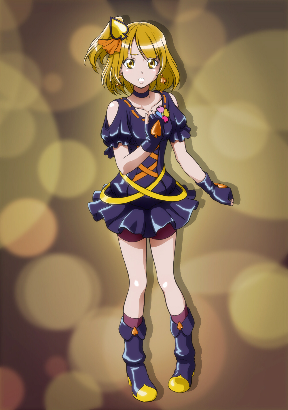 1girl, boots, bow, brown_eyes, choker, cure_pine, dark_persona, dress, earrings, fresh_precure!, frills, hair_ribbon, highres, jewelry, kneehighs, magical_girl, orange_hair, precure, purple_legwear, ribbon, sabamiso, short_hair, side_ponytail, smile, solo, spade, wrist_cuffs, yamabuki_inori