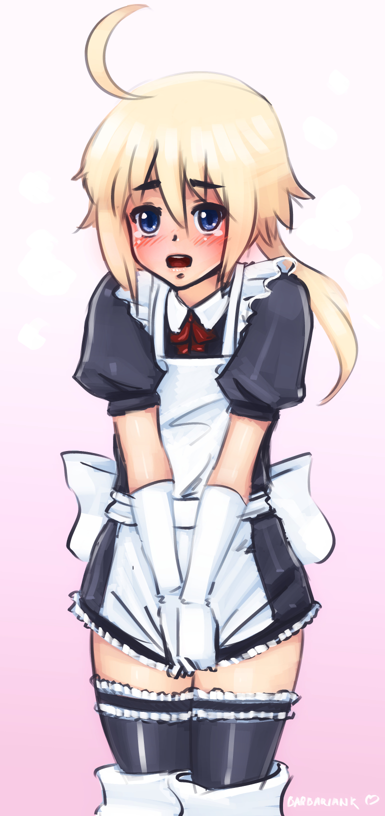 1boy, ahoge, apron, artist_name, bangs, barbariank, black_legwear, blonde_hair