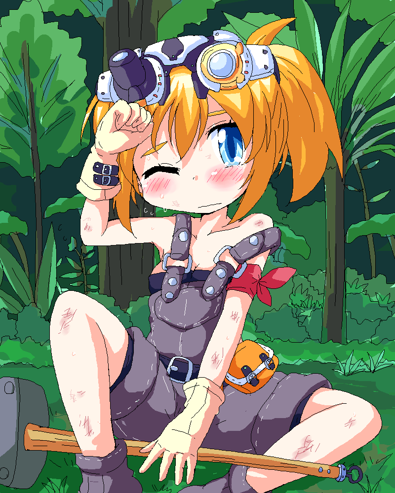 1girl, bernd_workshop, blonde_hair, blue_eyes, geetsu, gloves, goggles, goggles_on_head