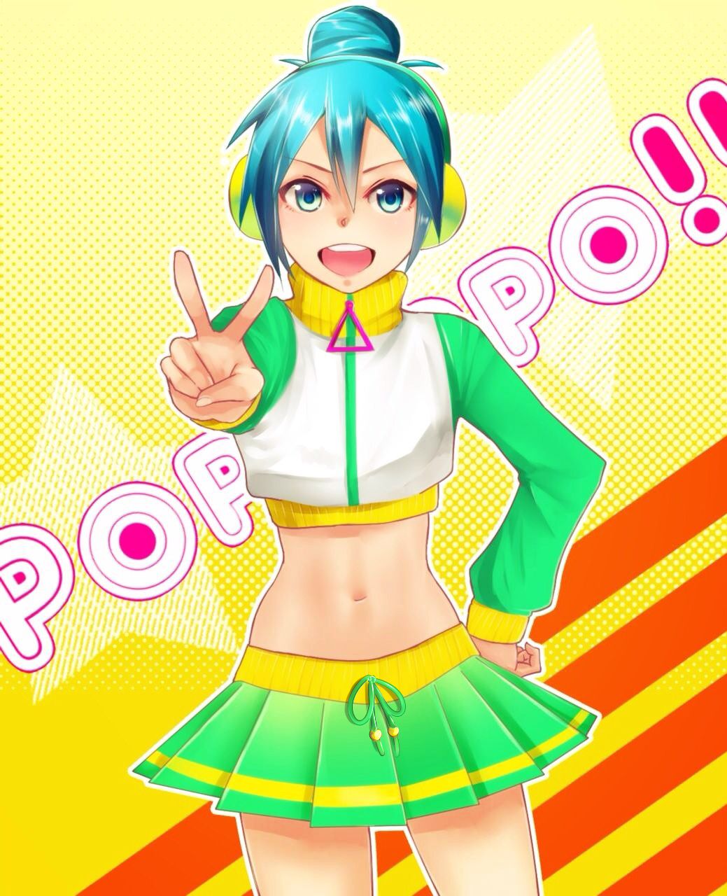 1girl, aqua_eyes, aqua_hair, hand_on_hip, hatsune_miku, headphones, highres, midriff, navel, noboes, open_mouth, ponytail, poppippoo_(vocaloid), project_diva, project_diva_(series), project_diva_2nd, skirt, solo, v, vocaloid