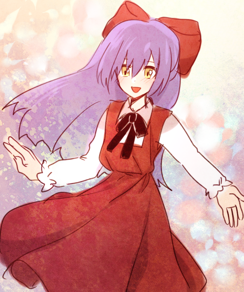 1girl, :d, bow, dress, ellen_(majo_no_ie), hair_bow, majo_no_ie, open_mouth, poke_nk, purple_hair, smile, yellow_eyes