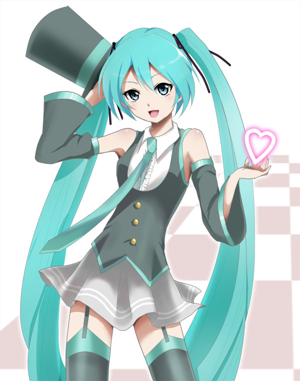 1girl, aqua_eyes, aqua_hair, detached_sleeves, garter_straps, hat, hatsune_miku, konbeki, long_hair, necktie, skirt, solo, thigh-highs, top_hat, twintails, very_long_hair, vocaloid