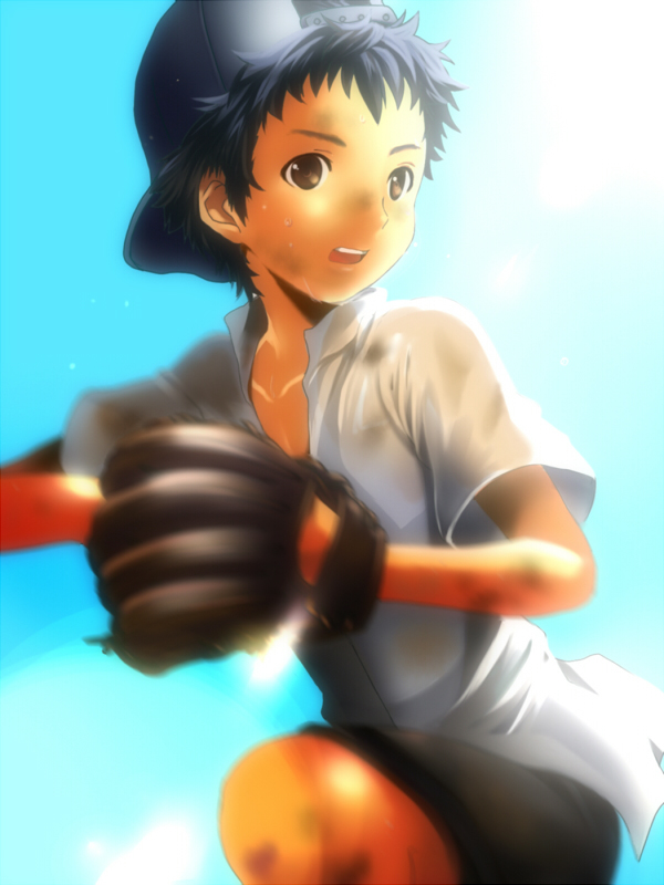 1boy, baseball_cap, baseball_mitt, black_hair, brown_eyes, dirt, dirty_clothes, hat