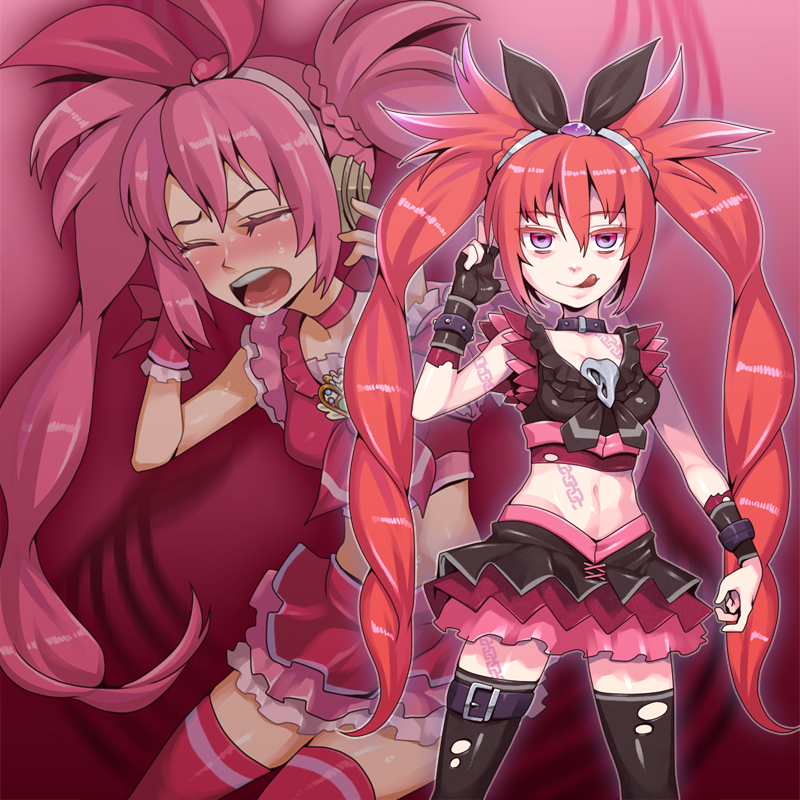 1girl, alternate_costume, black_gloves, black_legwear, choker, corruption, cure_melody, dark_persona
