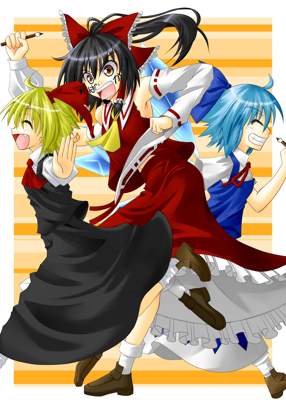 3girls, ahoge, anger_vein, arm_up, armpits, ascot, black_hair, blonde_hair