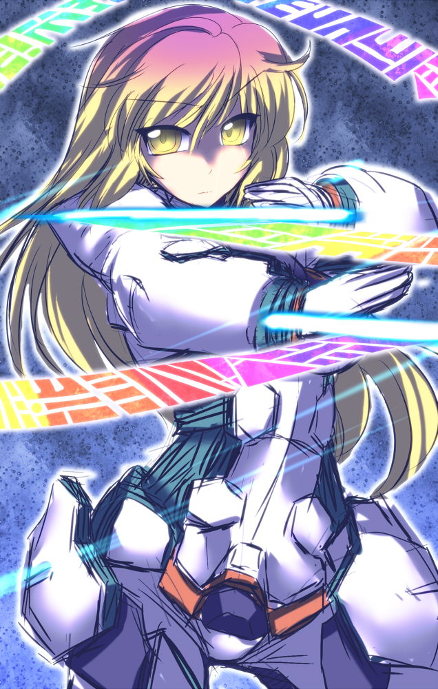 1girl, blonde_hair, bodysuit, crossover, gradient_hair, hijiri_byakuren, long_hair, multicolored_hair