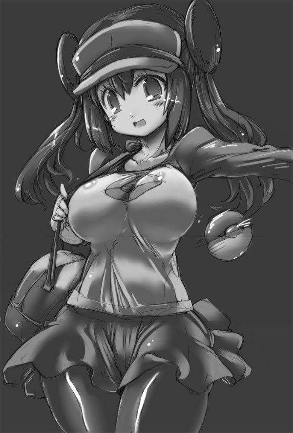 1girl, bag, breasts, double_bun, large_breasts, long_hair, mei_(pokemon), monochrome