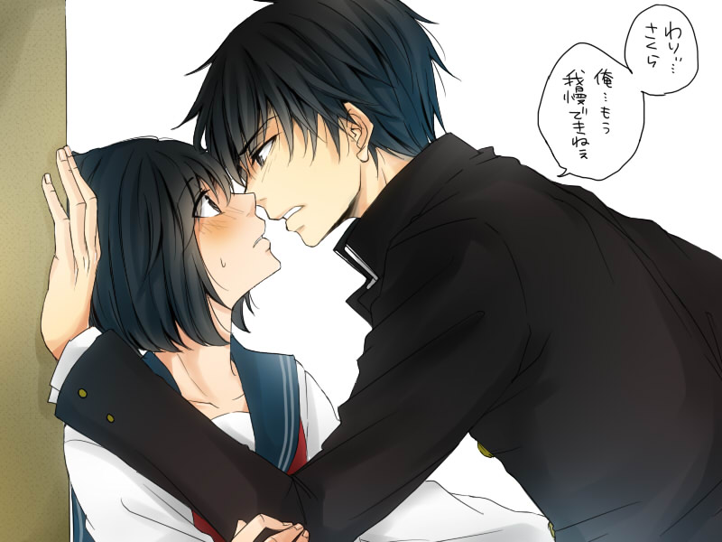 1boy, 1girl, blush, chibi_maruko-chan, eye_contact, gakuran, hetero, incipient_kiss, looking_at_another, oono_kenichi, sakura_momoko, school_uniform, serafuku, short_hair, translated, yuzudrop