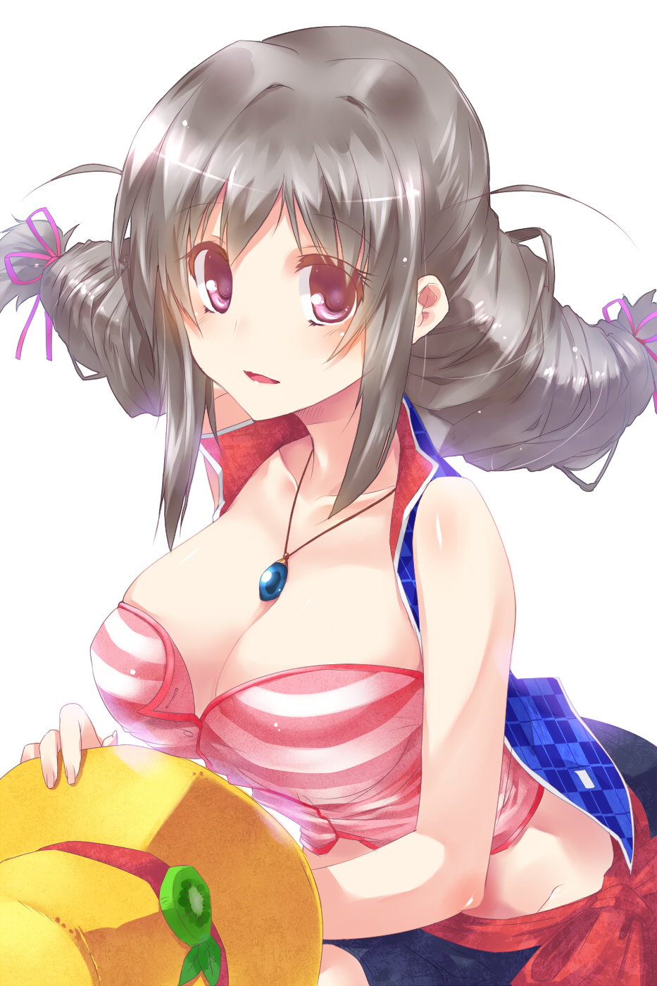 1girl, breasts, character_request, cleavage, grey_hair, hair_ribbon, hat, highres