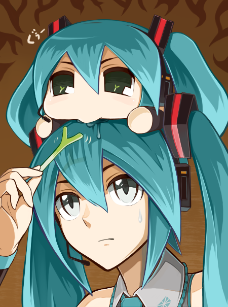 2girls, aqua_hair, chibi_on_head, hatsune_miku, headset, kazumania, multiple_girls, spring_onion, twintails, vocaloid