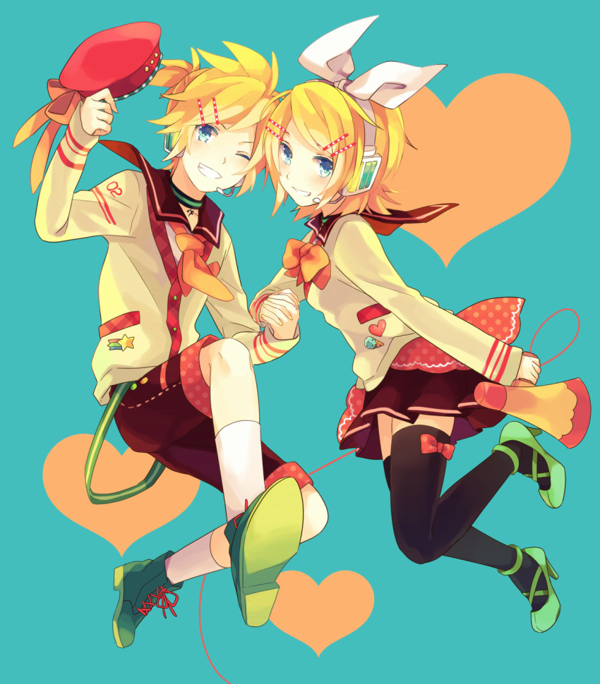 akiyoshi_(tama-pete), blonde_hair, grin, hat, headphones, highres, kagamine_len, kagamine_rin