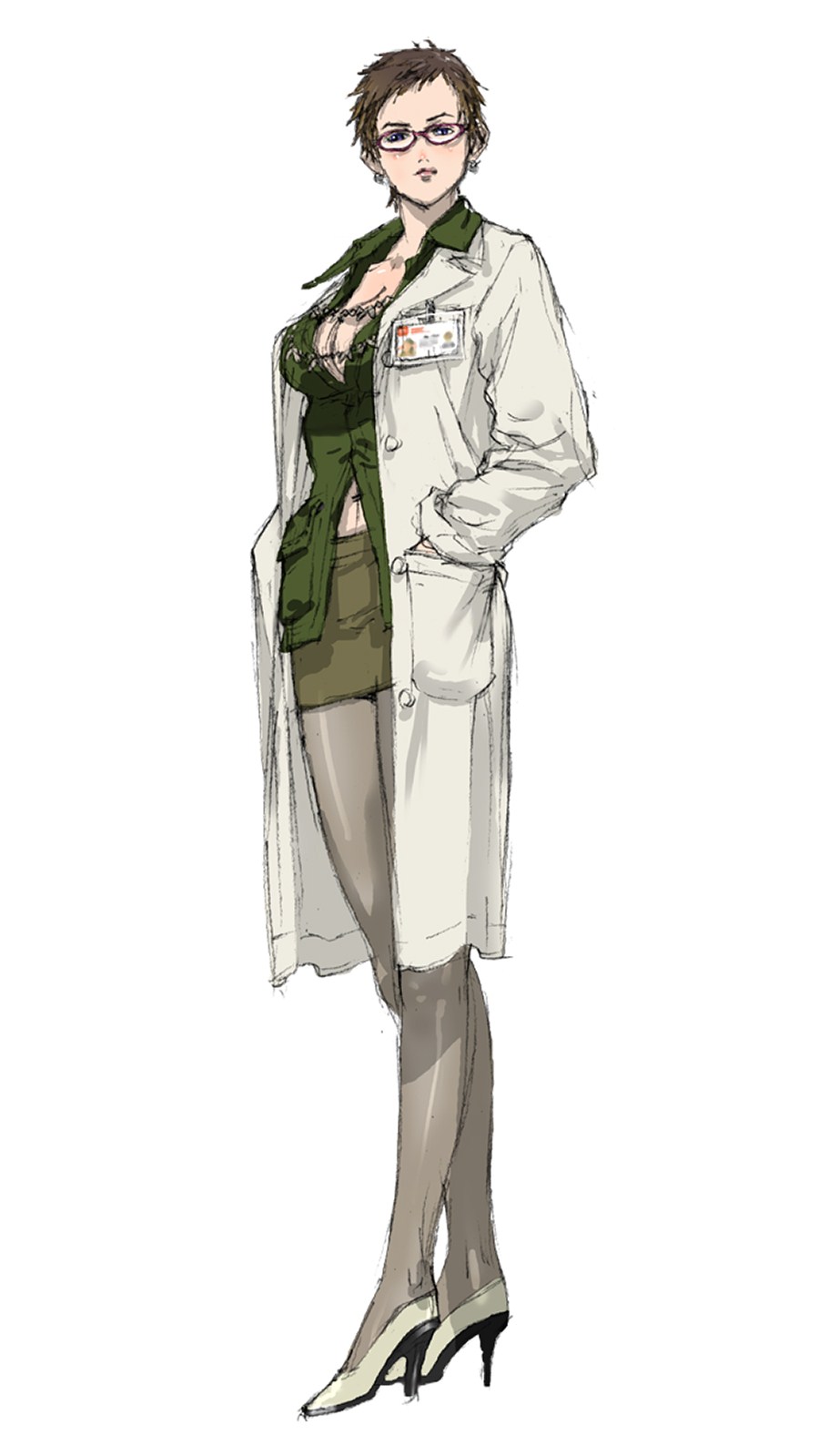1girl, blue_eyes, breasts, brown_hair, cleavage, earrings, glasses, hands_in_pockets