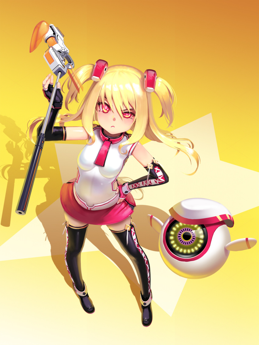 1girl, bare_shoulders, black_legwear, blonde_hair, elbow_gloves, fingerless_gloves, gloves, golf_club, hair_ornament, hand_on_hip, highres, kamdia, long_hair, miniskirt, pangya, red_eyes, skirt, solo, spika_(pangya), thigh-highs, two_side_up