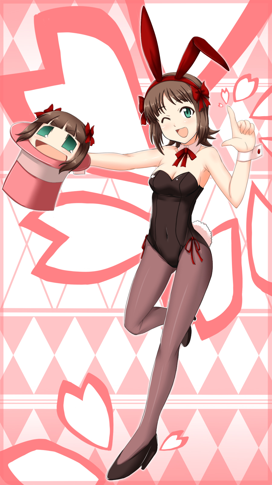 2girls, amami_haruka, animal_ears, brown_hair, bunny_tail, bunnysuit, detached_collar, dual_persona, green_eyes, haruka-san, hat, highres, idolmaster, multiple_girls, nitoro-star, pantyhose, puchimasu!, rabbit_ears, ribbon, tail, top_hat, wink, wrist_cuffs