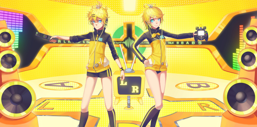 blonde_hair, controller, game_controller, hair_ornament, hairclip, headphones, highres, kagamine_len, kagamine_rin, kneehighs, madyy, remote_control, rimocon_(vocaloid), speaker, television, track_jacket, vocaloid, yellow