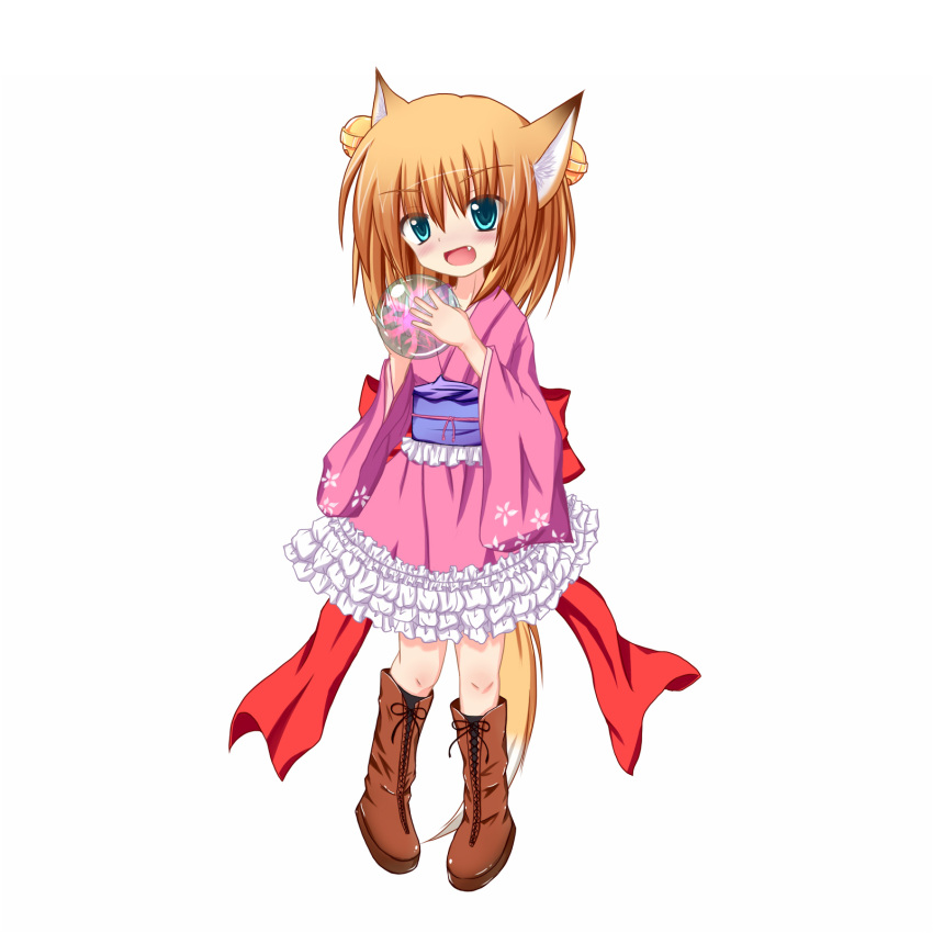 animal_ears, aqua_eyes, bell, blonde_hair, blush, fang, fox_ears, fox_tail