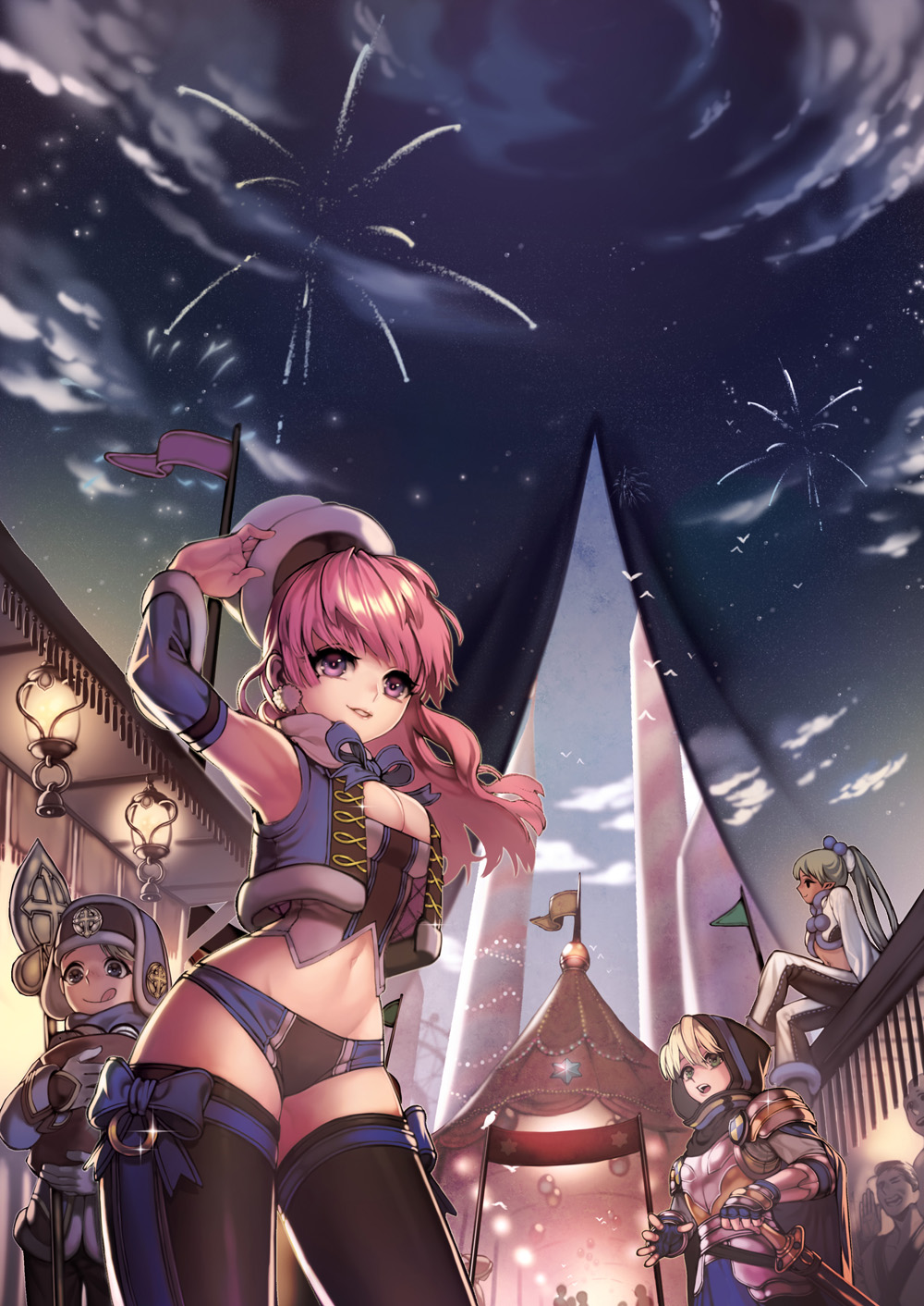 2boys, 4girls, :q, armor, bikini_bottom, black_legwear, blonde_hair, blue_eyes