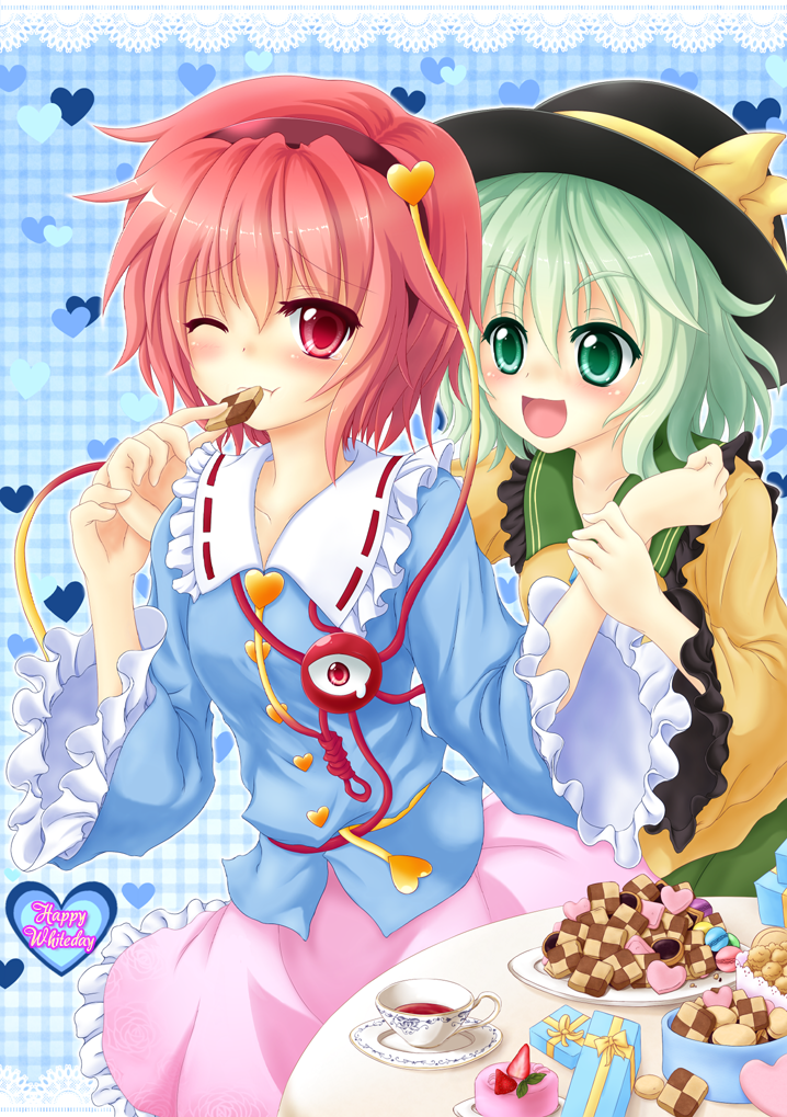 2girls, blush, candy, checkerboard_cookie, cookie, cup, eyeball, food, green_eyes, green_hair, hairband, hat, hat_ribbon, heart, heart_of_string, kisa_limy, komeiji_koishi, komeiji_satori, multiple_girls, open_mouth, pink_eyes, pink_hair, ribbon, short_hair, siblings, silver_hair, sisters, skirt, smile, table, teacup, third_eye, touhou, wink