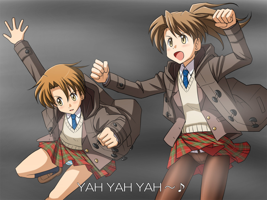 2girls, blush, brown_eyes, brown_hair, brown_legwear, cardigan, crotch_seam, feet