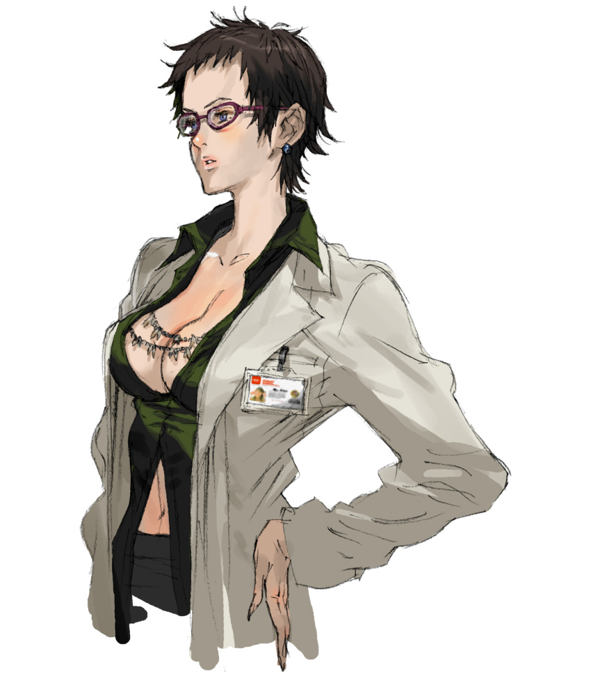 1girl, blue_eyes, breasts, brown_hair, bust, cleavage, earrings, glasses, hand_on_hip, highres, jewelry, konami, labcoat, metal_gear, metal_gear_acid, metal_gear_acid_2, name_tag, navel, no_legs, official_art, red-framed_glasses, shirt, short_hair, takiyama_michiko, unbuttoned