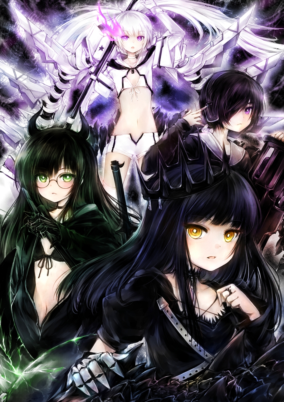 4_girls, :o, bangs, bikini, black_devil_girl, black_matagi, black_rock_shooter, blunt_bangs, blush, crown, dragon_slayer, gauntlets, glasses, glowing, glowing_eye, green_eyes, headphones, highres, horns, koumakan-maid, long_hair, midriff, multiple_girls, navel, parted_lips, short_hair, short_shorts, shorts, swimsuit, twintails, violet_eyes, weapon, white_rock_shooter, yellow_eyes