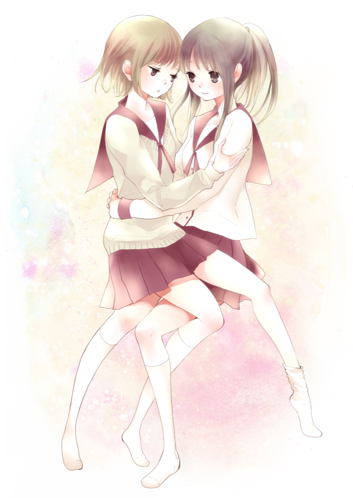 2girls, blonde_hair, blush, brown, brown_eyes, hug, momono, multiple_girls