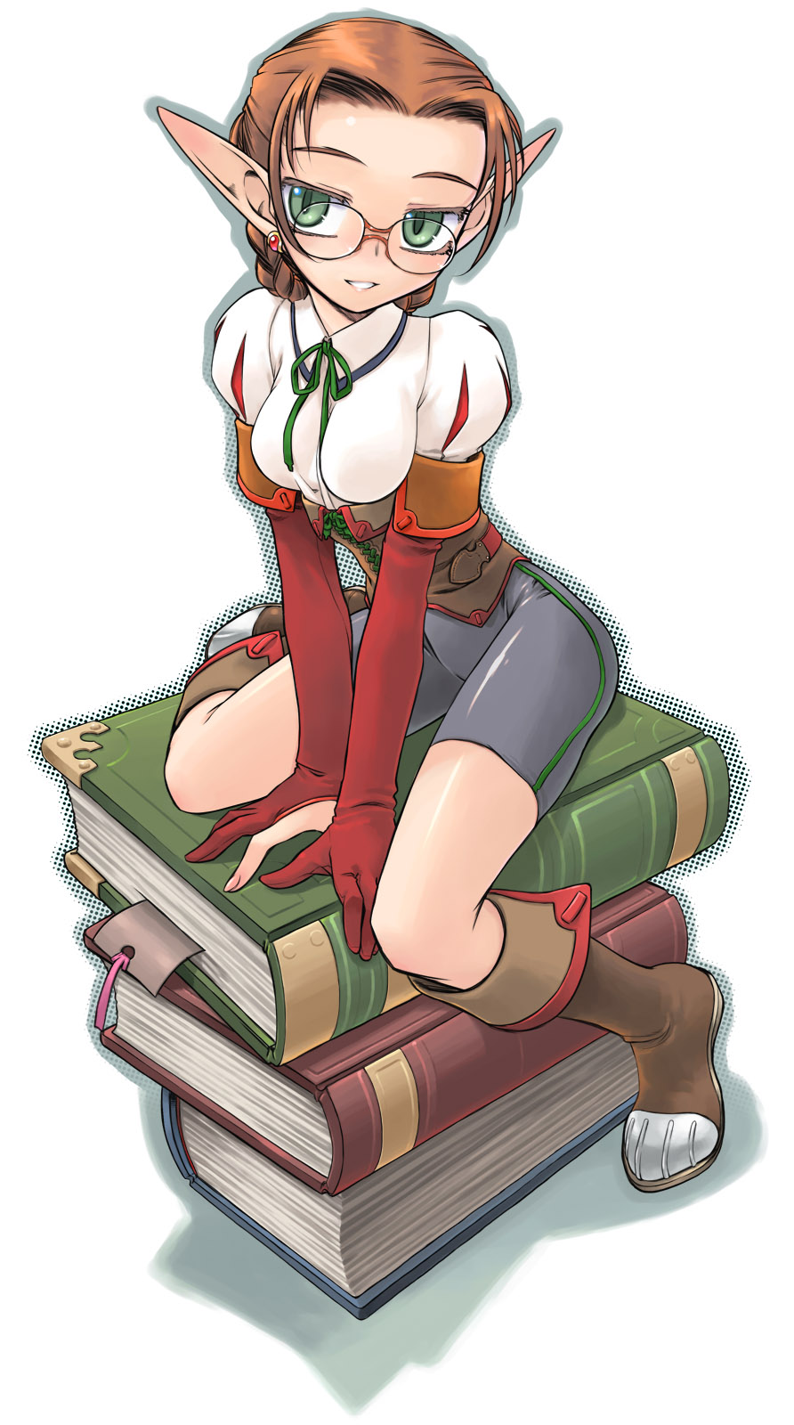 bike_shorts, book, brown_hair, elbow_gloves, elf, glasses, gloves, green_eyes