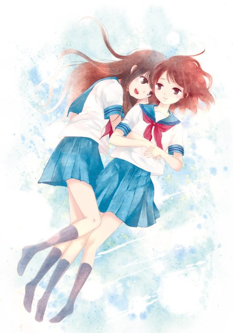 2girls, brown_hair, holding_hands, hug, long_hair, momono, multiple_girls, on_back
