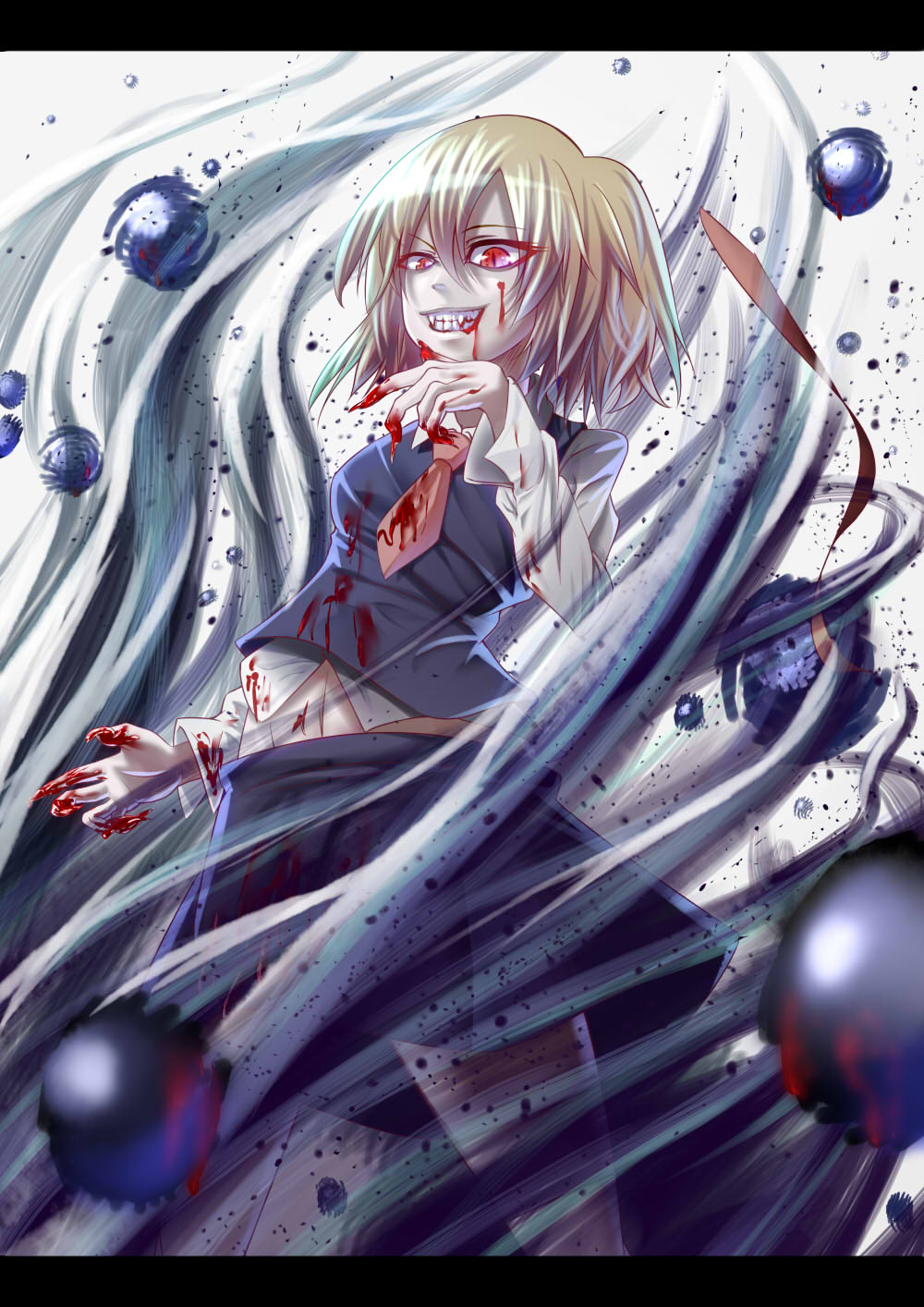 1girl, absurdres, blonde_hair, blood, claws, fang, formal, highres