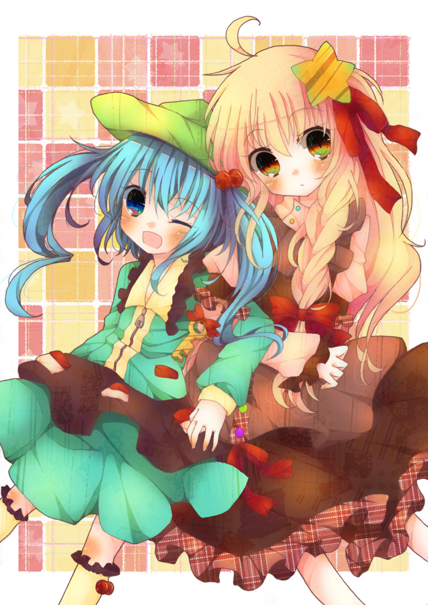 2girls, :<, ahoge, alternate_costume, blonde_hair, blue_eyes, blue_hair, blush