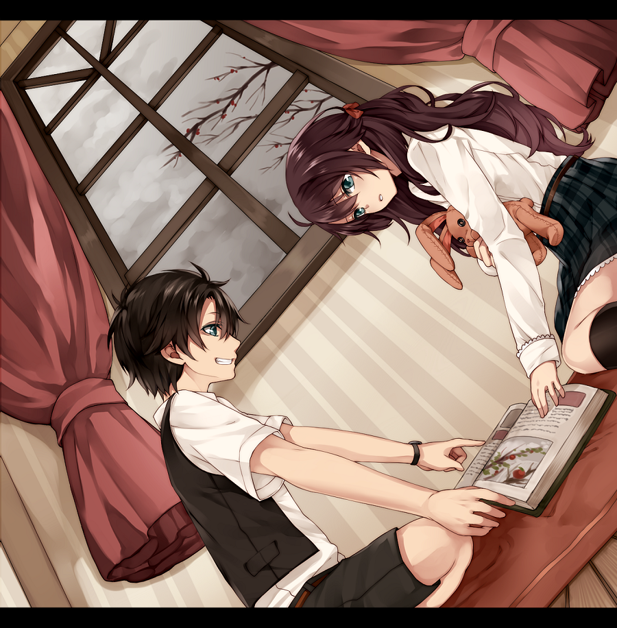 1boy, 1girl, black_hair, blue_eyes, book, brown_hair, koubou, long_hair