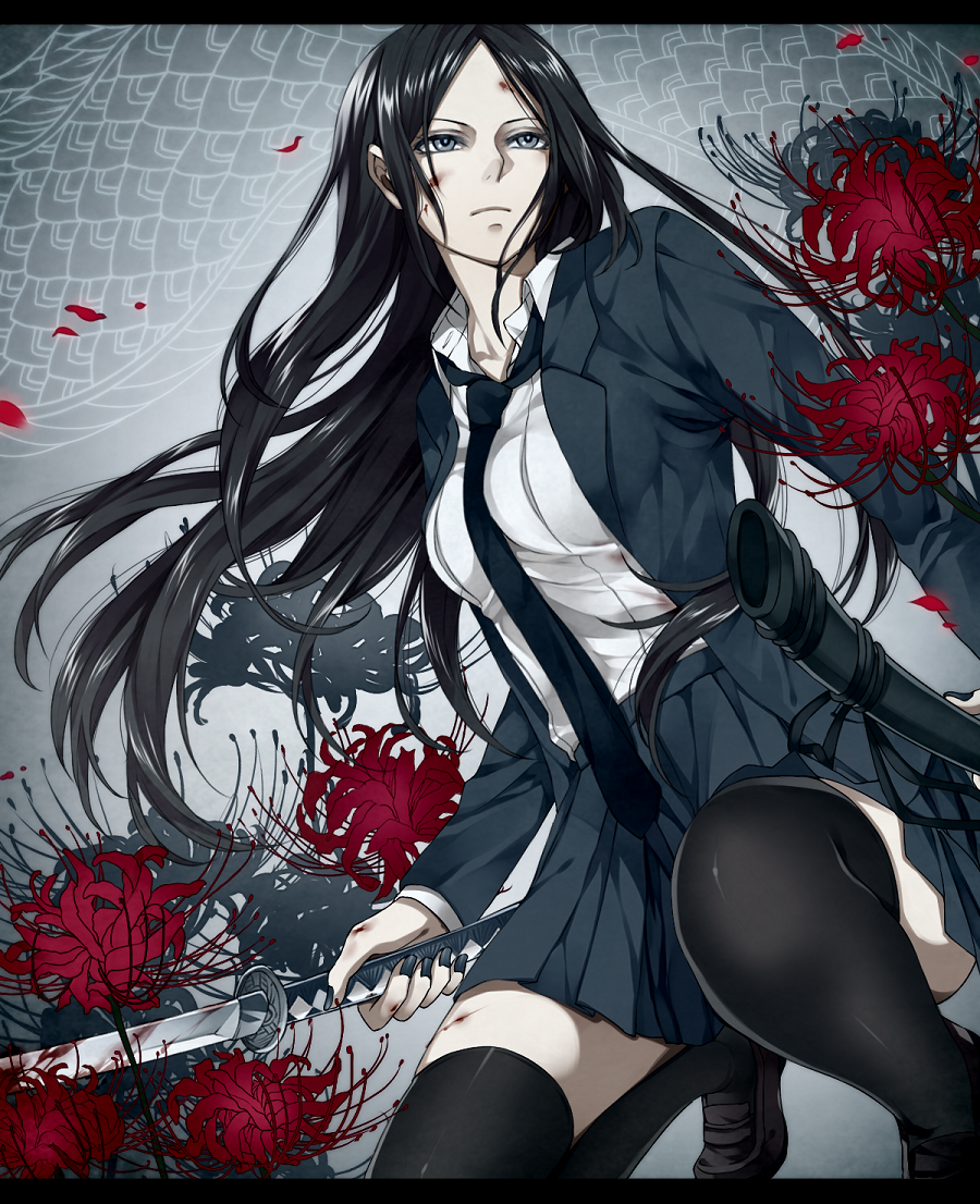 1girl, black_hair, flower, grey_eyes, katana, koubou, long_hair, necktie