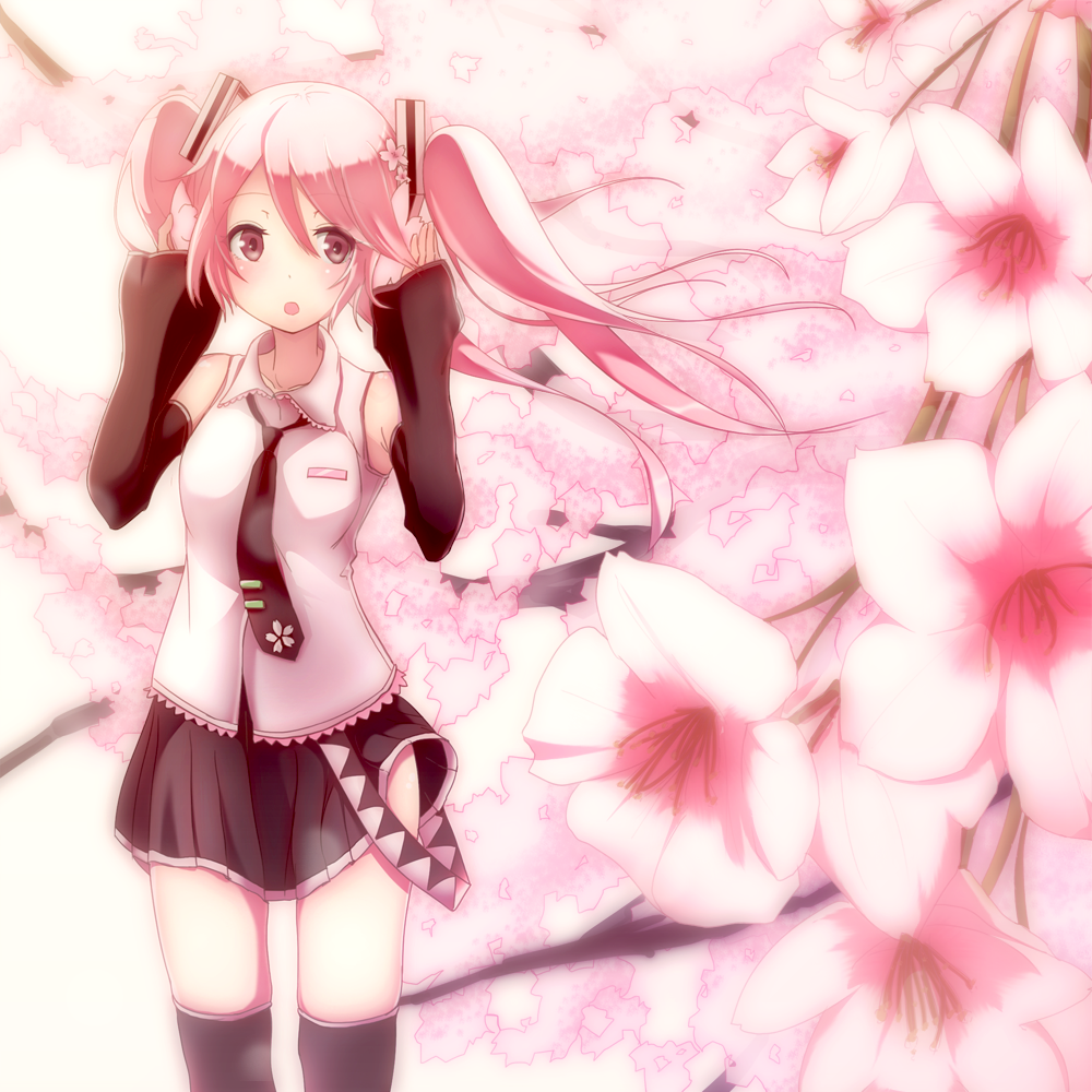 1girl, cherry_blossoms, detached_sleeves, flower, hair_flower, hair_ornament, hatsune_miku, ivioss