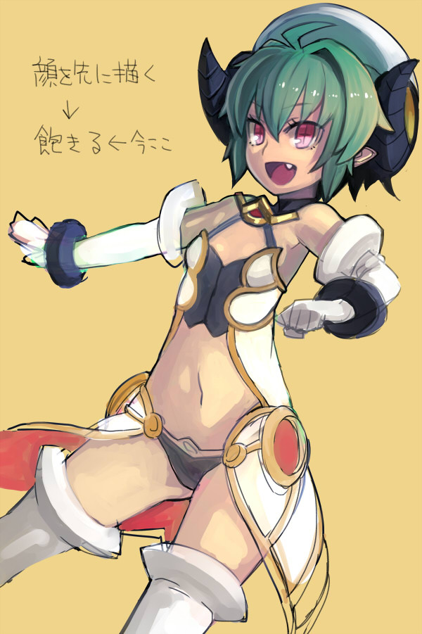 1girl, :d, arcana_trust, bare_shoulders, bracelet, elbow_gloves, fang, gloves