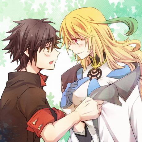 ahoge, black_hair, blonde_hair, blush, coat, gloves, jude_mathis, long_hair