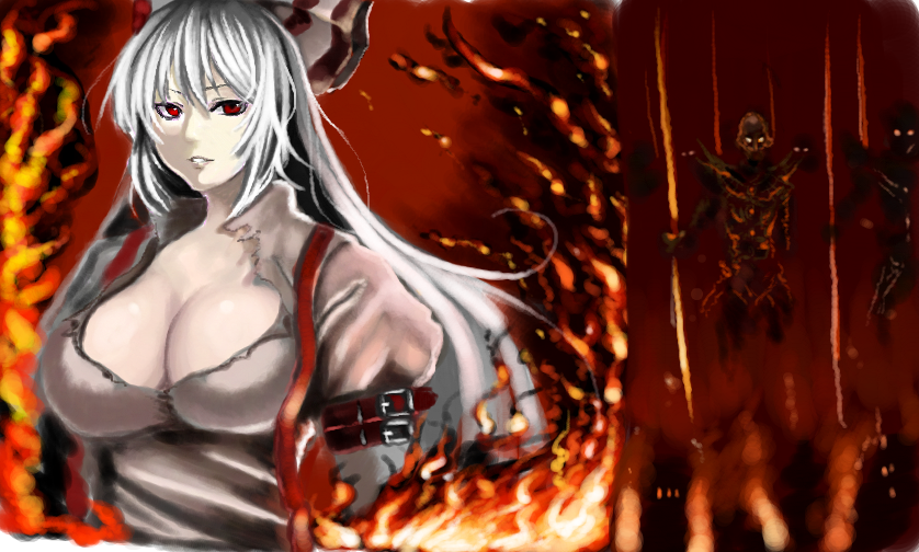 1girl, breasts, buckle, bust, cleavage, crossover, fire, fujiwara_no_mokou