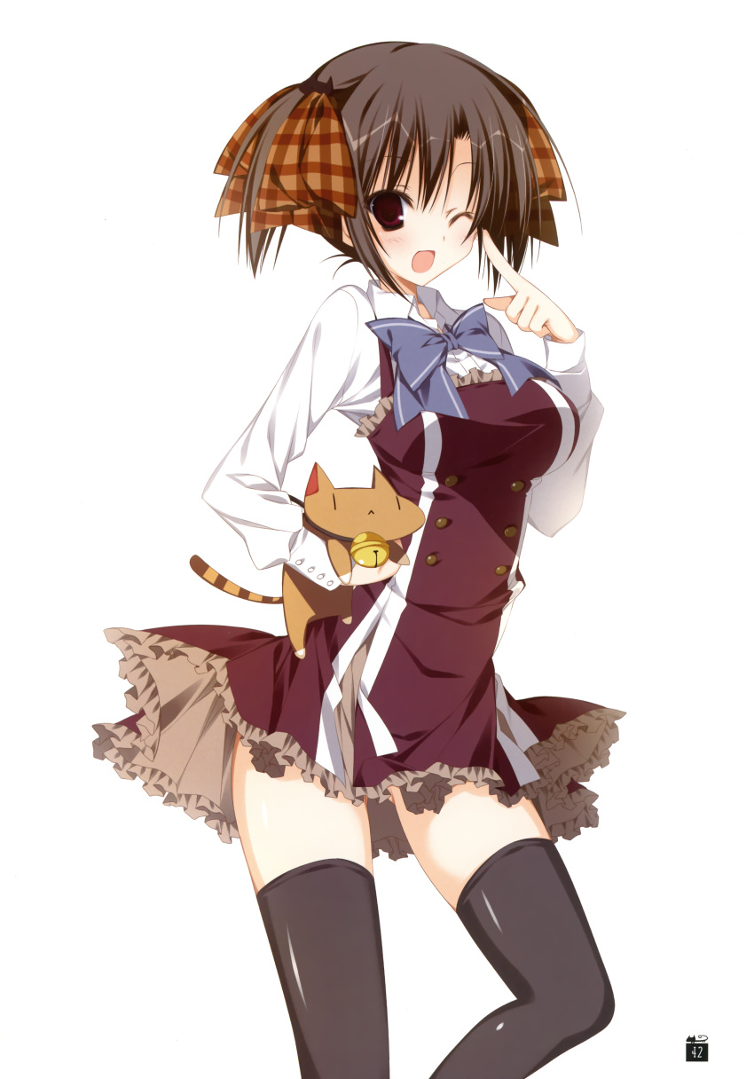 1girl, :<, ;d, =<, absurdres, black_legwear, brown_eyes, brown_hair