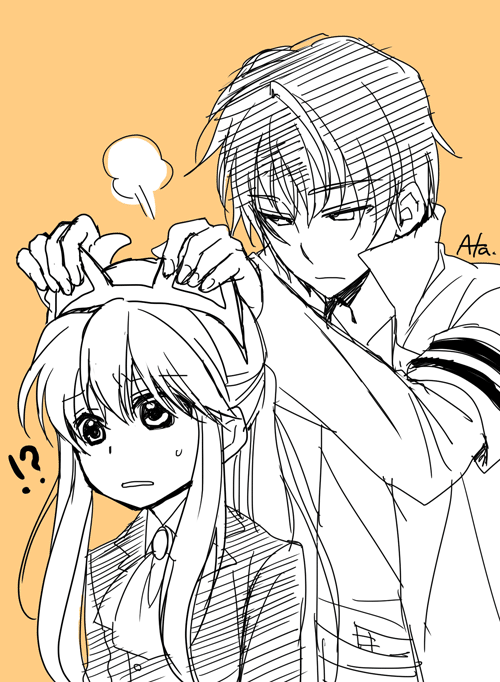 !?, 1boy, androgynous, animal_ears, armband, ascot, cat_ears, fake_animal_ears, formal, height_difference, long_hair, mizuno_eita, ponytail, sketch, sweat, umineko_no_naku_koro_ni, ushiromiya_lion, willard_h_wright