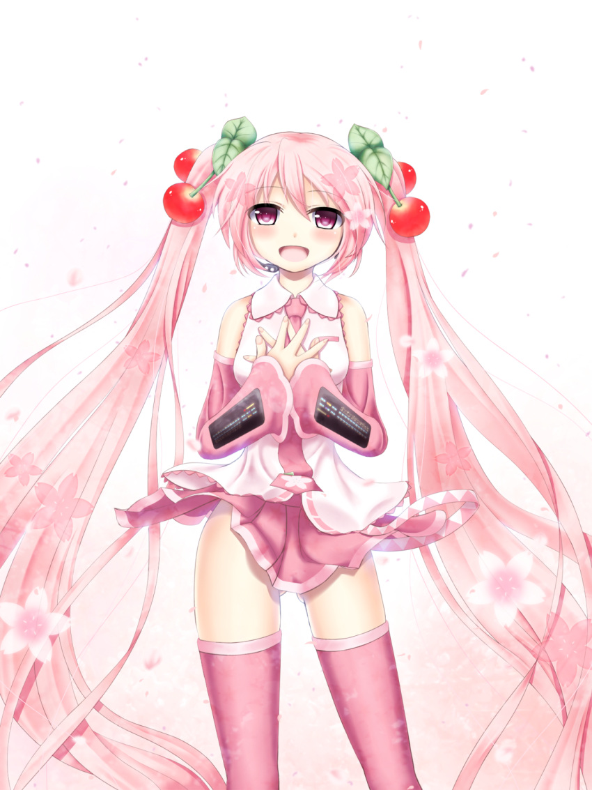 1girl, cherry, detached_sleeves, food, fruit, hands_on_own_chest, hatsune_miku, headset