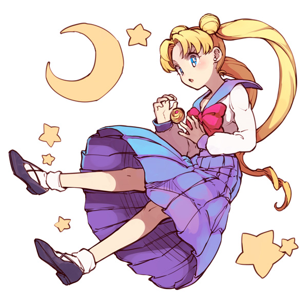 1girl, bishoujo_senshi_sailor_moon, black_shoes, blonde_hair, blue_eyes, bowtie, brooch, crescent_moon