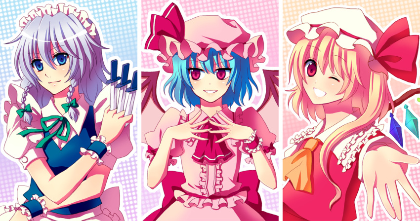 3girls, blonde_hair, blue_eyes, blue_hair, braid, flandre_scarlet, hands, hat
