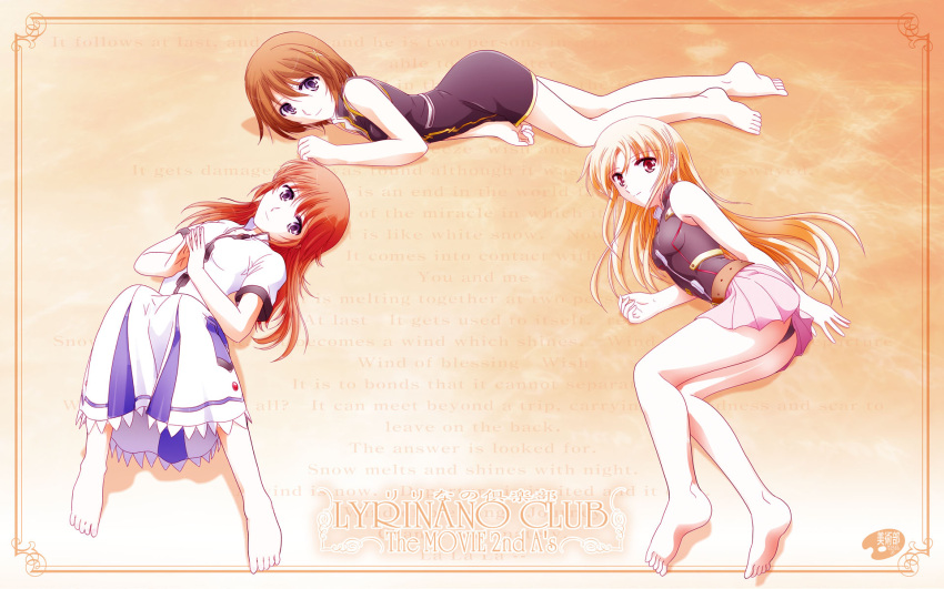 3girls, alternate_hairstyle, bare_shoulders, belt, blonde_hair, blue_eyes, brown_hair, dress