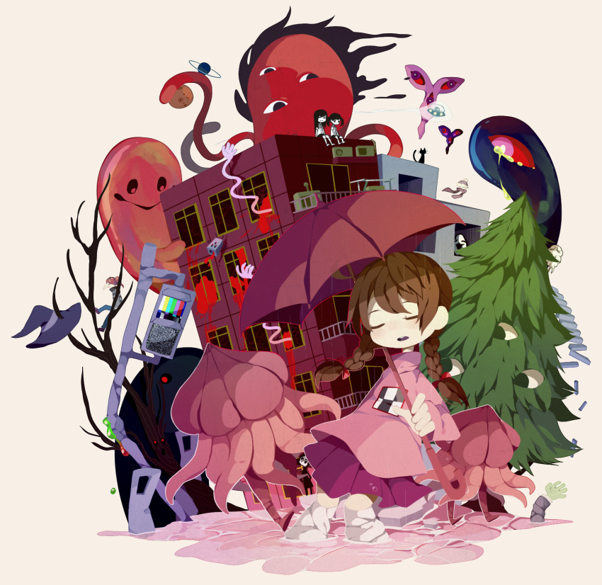 1boy, 5girls, :o, arms, beanie, black_hair, blood, braid