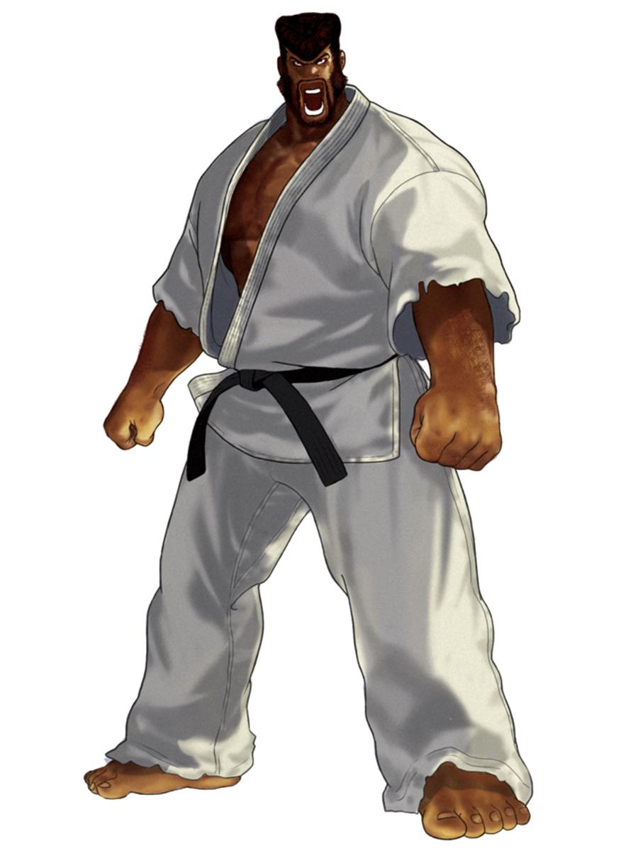 1boy, barefoot, clenched_hands, dark_skin, dougi, falcoon, fatal_fury, highres