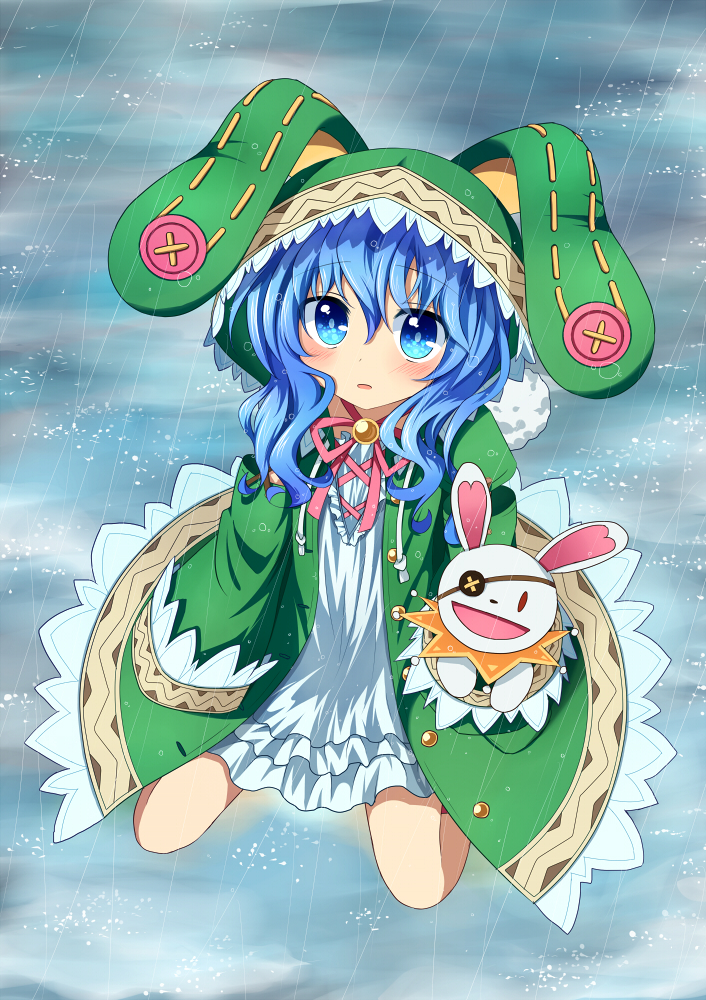 1girl, animal_hood, blue_eyes, blue_hair, blush, coat, date_a_live, gloves