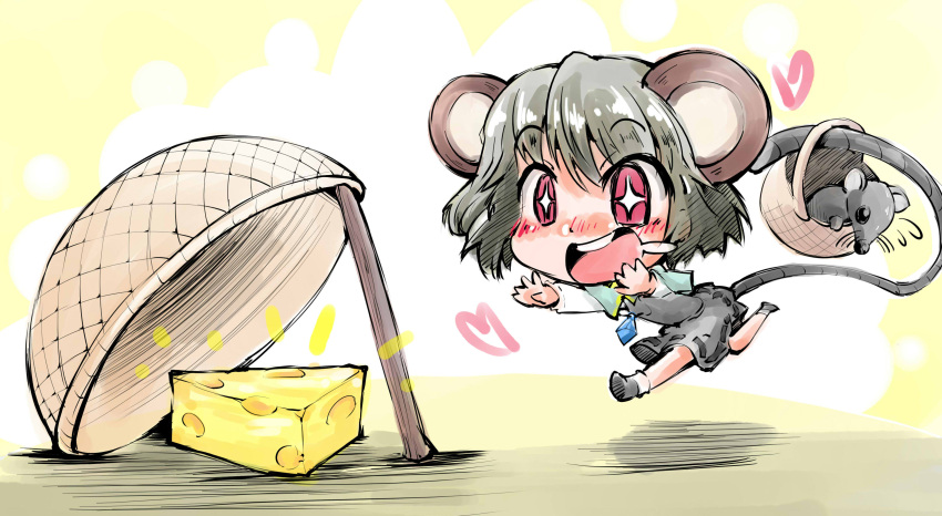 1girl, absurdres, animal_ears, basket, blush, cheese, drooling, drop_trap, flying_sweatdrops, grey_hair, heart, highres, jewelry, long_sleeves, mouse, mouse_ears, mouse_tail, nazrin, open_hand, open_mouth, outstretched_arms, pendant, red_eyes, running, shinapuu, short_hair, skirt, skirt_set, solo, star, star-shaped_pupils, swiss_cheese, symbol-shaped_pupils, tail, touhou, yellow_background