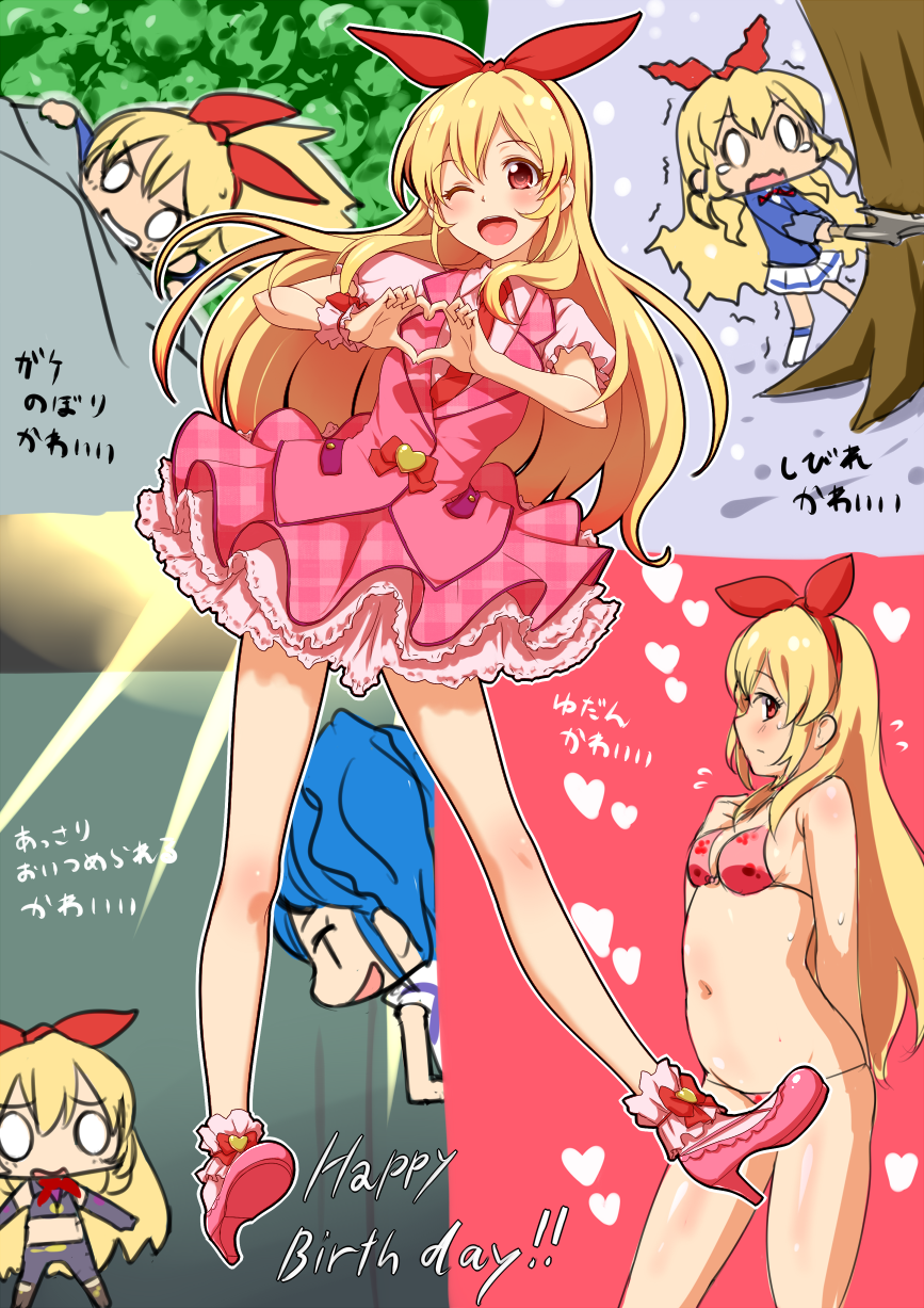 2girls, aikatsu!, axe, bikini, blonde_hair, blue_eyes, blush, breasts