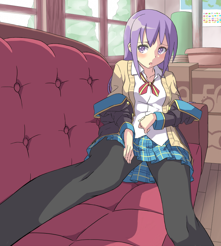 1girl, black_legwear, blazer, blush, cardigan, couch, gj-bu, long_hair