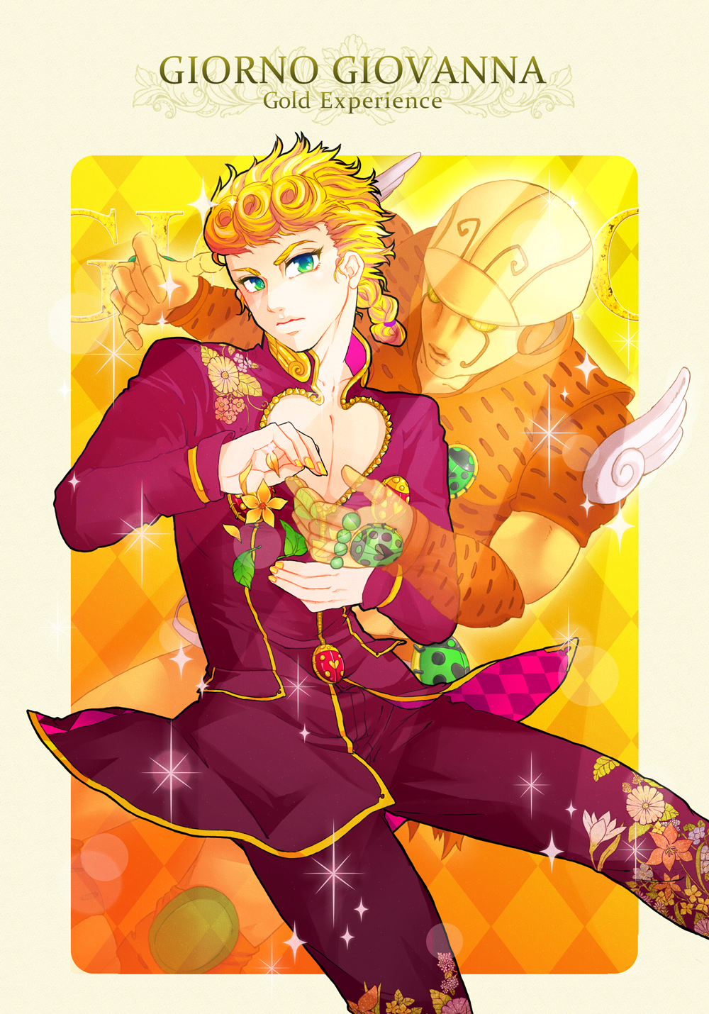 2boys, blonde_hair, blue_eyes, gold_experience, green_eyes, highres, jojo_no_kimyou_na_bouken, ladybug, mokyun, multiple_boys, nail_polish, petals, stand_(jojo), translucent