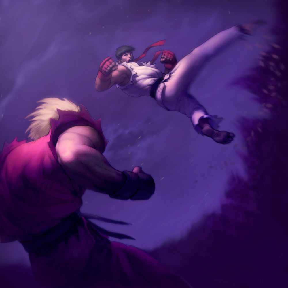 2boys, barefoot, battle, black_hair, blonde_hair, dougi, dutch_angle, fingerless_gloves